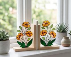Dekorerad fönsterbräda med blomsterdekorationer och gröna växter